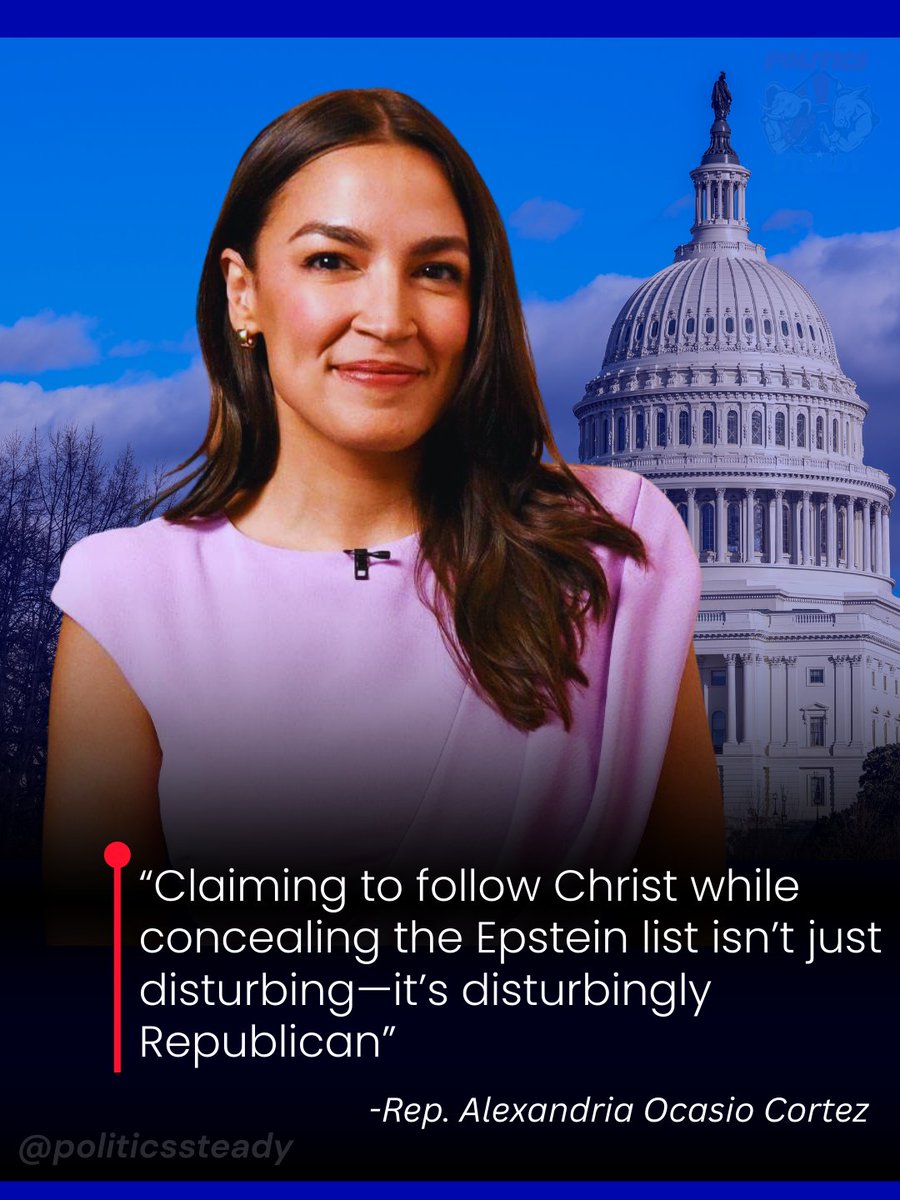 PoliticsSteady's tweet photo. AOC is not holding back. Rep. Alexandria Ocasio-Cortez just slammed the hypocrisy of claiming Christian values while hiding the Epstein list. 

 “Claiming to follow Christ while concealing the Epstein list isn’t just disturbing—it’s disturbingly Republican.”

#EpsteinFiles https://t.co/S1cLBDjjB4