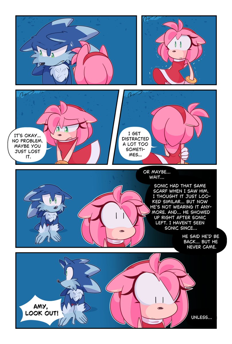 Emerald_Kora's tweet image. Sonamy comic - &quot;MY BOY&quot; Chapter 4 (9/?)  like it!  🩵    

Guess who says ‘Look out!’ to Amy… 👀👀 
#Sonamy #SonicUnleashed