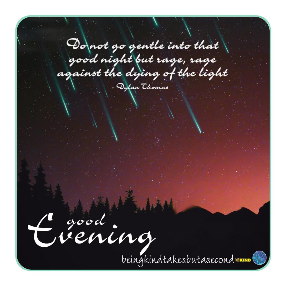 QuotesrusF's tweet photo. 😘❣️ GOOD  NIGHT  😴  Do not go gentle into that good night but rage, rage against the dying of the light - Dylan Thomas 🙋🏻‍♀️    🐝   KIND
#goodnight #night #goodevening #evening #beekind #teamhumanity #beingkindtakesbutasecond #donotgogentle #rage https://t.co/xbGAw2C8xT