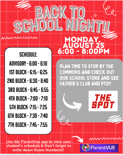 BVW Parents/Guardians - Save the date for next Monday night, we're excited to see you in our students' chairs at Back to School Night!

Make sure to include time before/after to stop by the Commons to shop in The Spot and to connect with our PTO and Father's Club.