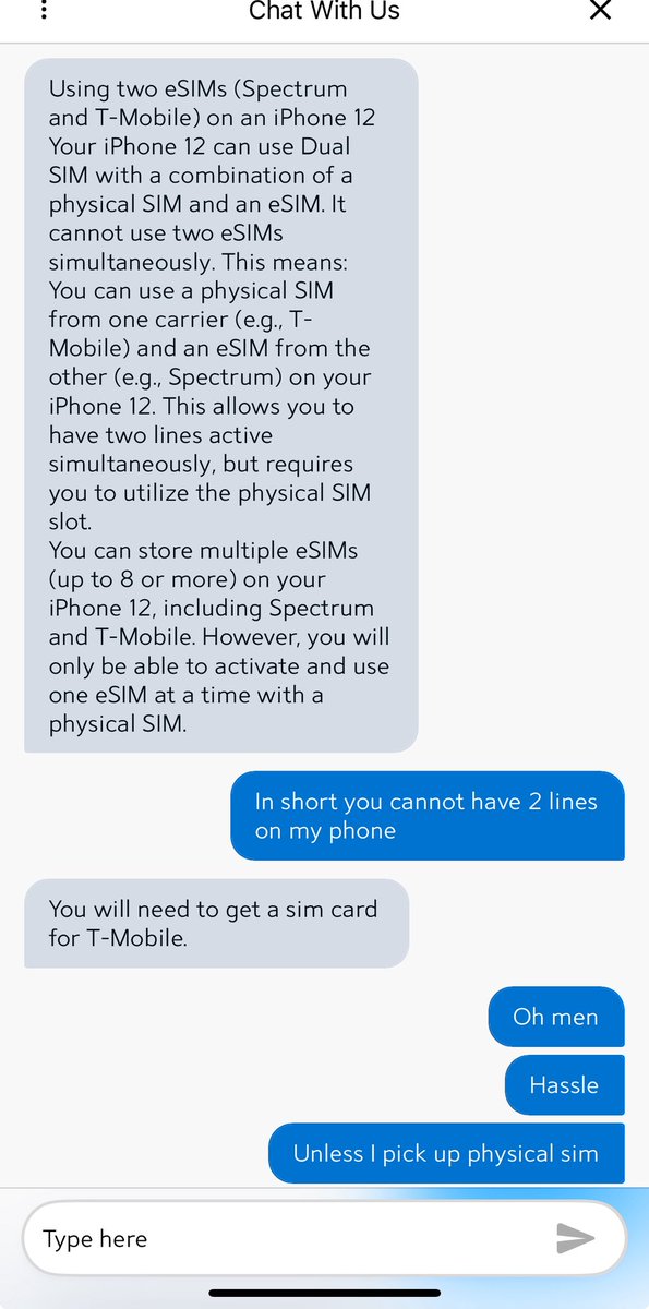 aldrigeong's tweet photo. @Ask_Spectrum @GetSpectrum @TMobile I just got a spectrum mobile line and 2025 I can’t believe that you cannot have 2 Esims with them and they want me to get a physical sim for my tmobile line. Please beware and just don’t fall for it. It took almost 3 days to activate an esim. https://t.co/o9tz66xsBc