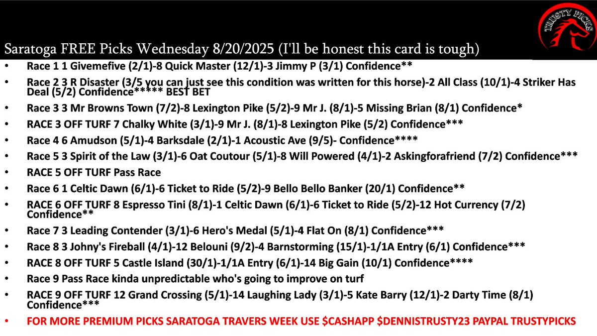 dennis_trusty's tweet photo. Saratoga FREE Picks for this afternoon AS WELL AS Colonial Downs FREE Picks too! Loaded week coming up we have Saratoga Travers Week, it's the Mid-Summer Derby and it looks like an amazing card as always! Like Repost MAYBE 50 combined gets Saratoga Tomorrow FREE! https://t.co/G0UEHexJPm