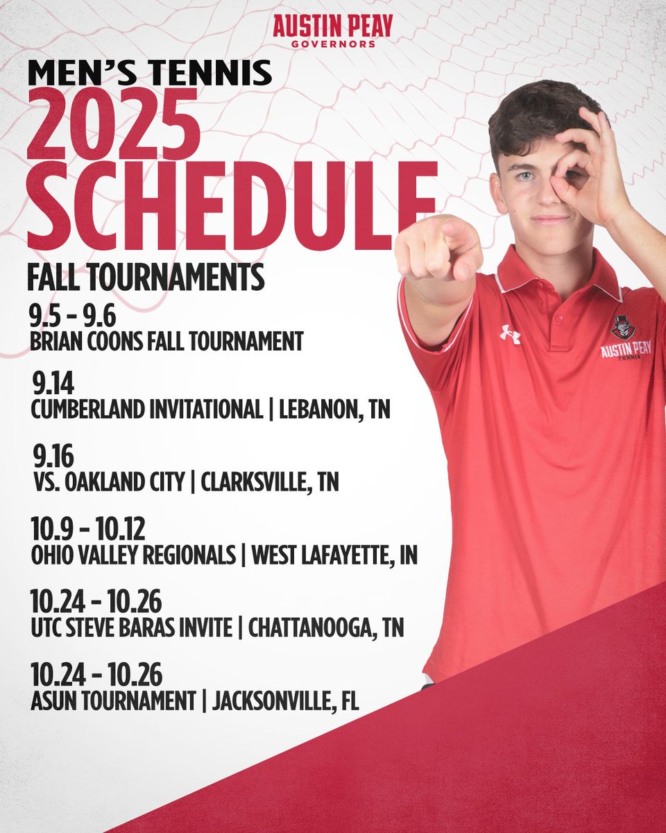 The 2025 Men's Tennis Fall Schedule is here! 🎩🎾

📰 | tinyurl.com/3zmjjbzm

#LetsGoPeay