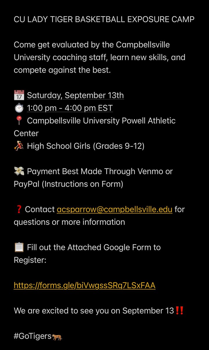 CAMPBELLSVILLE UNIVERSITY EXPOSURE CAMP‼️

📅 Saturday, September 13th
⏱️ 1:00 pm - 4:00 pm EST
📍 Campbellsville University Powell Athletic Center 
⛹🏼‍♀️ High School Girls (Grades 9-12)

📋 Fill out the Attached Google Form to Register:

forms.gle/biVwgssSRq7LSx…