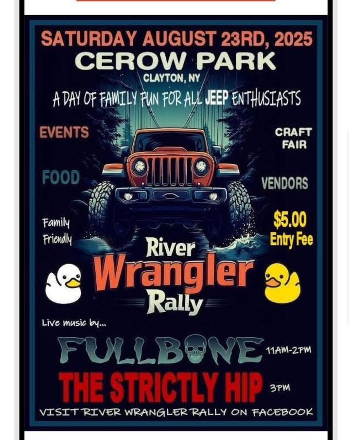 This Saturday we will be at Cerow Park for this 1st River Wrangler Rally. We will have some special items (ducks) to give to our Jeep Wrangler friends. There will be food, music and kits of fun for the family. Come see us