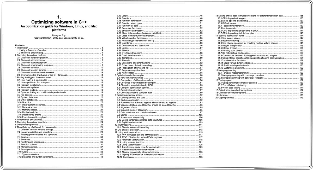 vivekgalatage's tweet image. Excellent resource - &quot;Optimizing Software in C++&quot; by Agner Fog.

agner.org/optimize/optim…