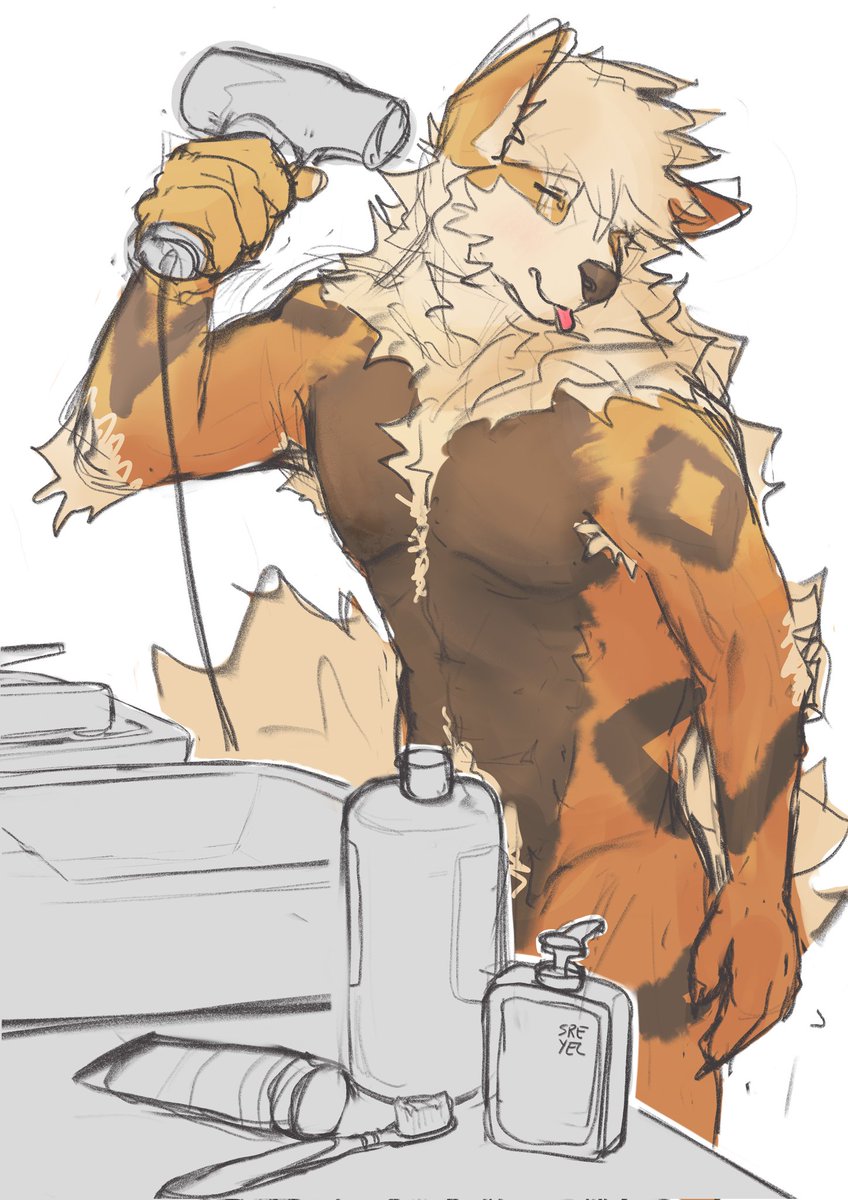 Fire dog doing some fur care, apparently