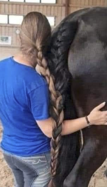 Dumb ways to die. At first it's bad enough that she's standing behind a horse. Then, you follow the hair, and it gets worse. 😂