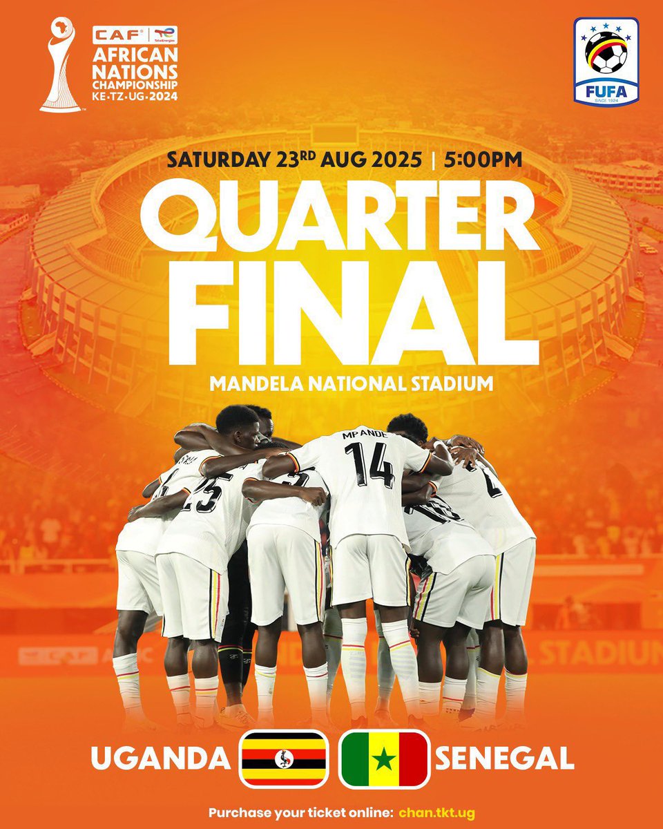 Wilfred Saif πΊπ¬ (@mudanyawilfred) on Twitter photo CONFIRMED β
<a href="/UgandaCranes/">Uganda Cranes</a> πΊπ¬ will take on defending Champions SENEGAL πΈπ³ in the quarter final of the #TotalEnergiesCHAN2024
Game is on this Saturday at Mandela National Stadium in Namboole ποΈ and K.O is 5 PM not 8 PM.
Ticket sales will be on market on Thursday 21st CONFIRMED β
<a href="/UgandaCranes/">Uganda Cranes</a> πΊπ¬ will take on defending Champions SENEGAL πΈπ³ in the quarter final of the #TotalEnergiesCHAN2024
Game is on this Saturday at Mandela National Stadium in Namboole ποΈ and K.O is 5 PM not 8 PM.
Ticket sales will be on market on Thursday 21st