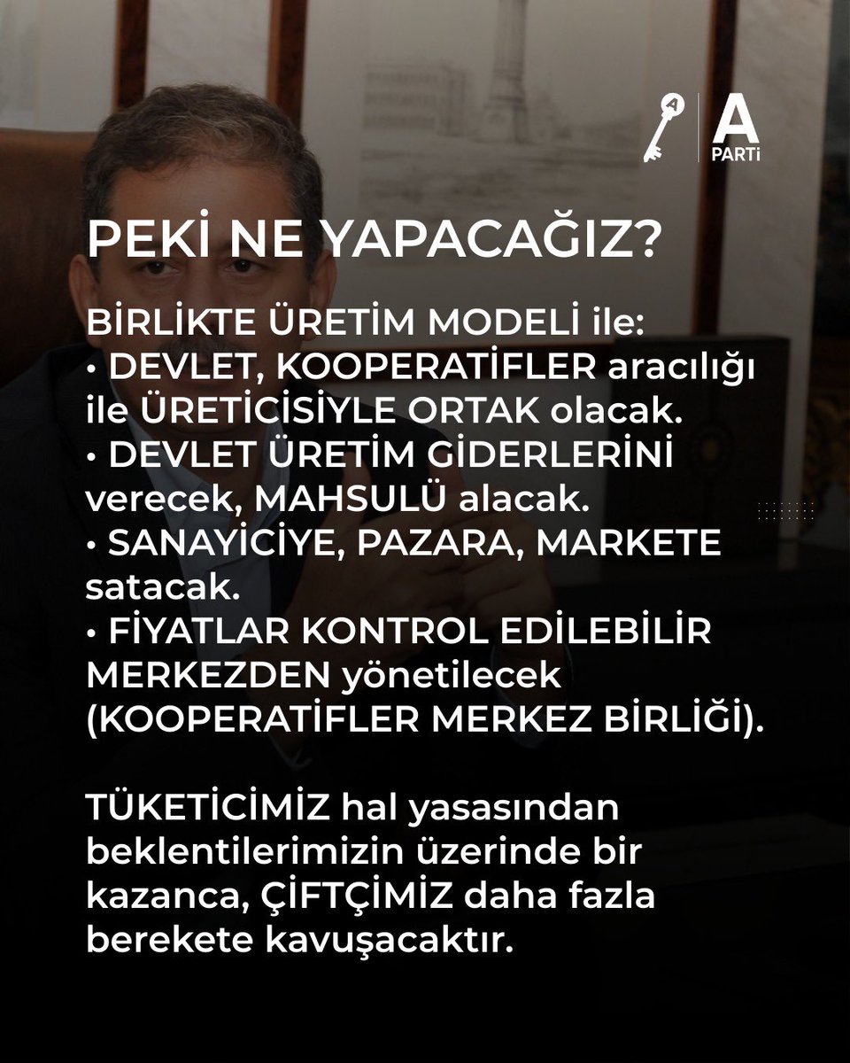 “Hal Yasası tek başına çözüm değil.
Üretici kazanacak, 
tüketici uygun fiyata ulaşacaksa 
bunun yolu Birlikte Üretim Modeli.”
<a href="/yavuzagiraliog/">Yavuz Ağıralioğlu</a> 
<a href="/anahtarparti/">Anahtar Parti</a> 
<a href="/hhuseyindemiroz/">Hasan Hüseyin Demiröz</a> 

#PlanlıÜretim
#KooperatifModeli

#GıdaEnflasyonu
#PazarFiyatları
#SütKrizi
#EtVeSüt
#TarımdaAdalet