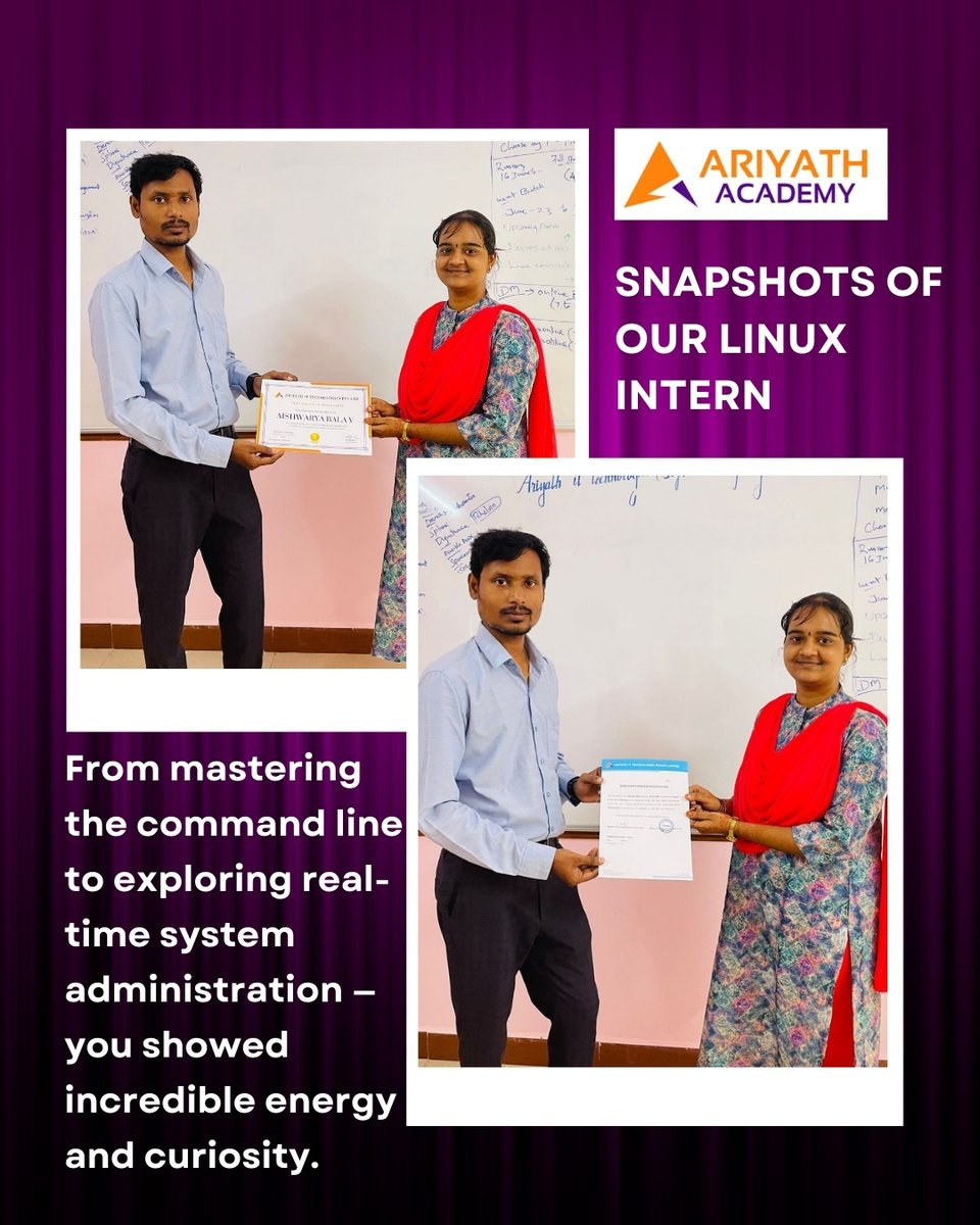 ariyath_academy's tweet image. Snapshots of Our Linux Intern
From mastering the command line to diving into real-time system administration, your energy and curiosity have been truly inspiring! 🌟
#LinuxLearning #TechInternship #CareerGrowth #AriyathAcademy #FutureTechLeaders