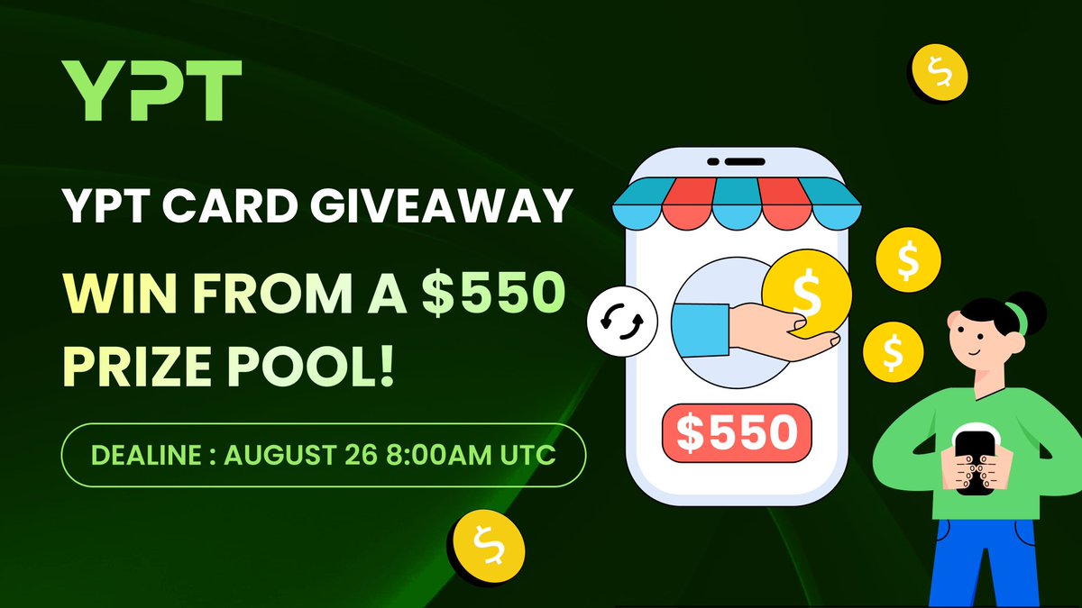 YPT (@ypt_official) on Twitter photo ๐ $550 Airdrop Giveaway! ๐
๐ฅJoin now to claim your share of the $550 USDT prize pool! Here's what you need to do:
Deadline: August 26 8:00AM UTC
1๏ธโฃ Follow <a href="/YPT_Official/">YPT</a>
2๏ธโฃ Like, retweet, tag 3 friends
3๏ธโฃ Sign up for YPT, complete KYC, and apply for a YPT Virtual Card: ๐ $550 Airdrop Giveaway! ๐
๐ฅJoin now to claim your share of the $550 USDT prize pool! Here's what you need to do:
Deadline: August 26 8:00AM UTC
1๏ธโฃ Follow <a href="/YPT_Official/">YPT</a>
2๏ธโฃ Like, retweet, tag 3 friends
3๏ธโฃ Sign up for YPT, complete KYC, and apply for a YPT Virtual Card: