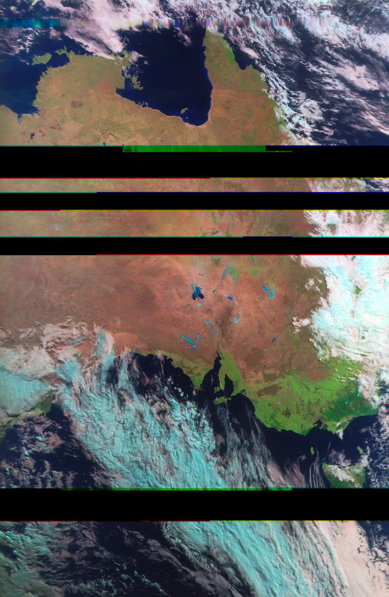 #MeteorMN2_3 (23:47UTC) 9:47am 20 Aug AEST
#Satdump, #QFH, #Nooelec Noaa, #RTLSDR
#weather #LRPT #Satellite #Australia