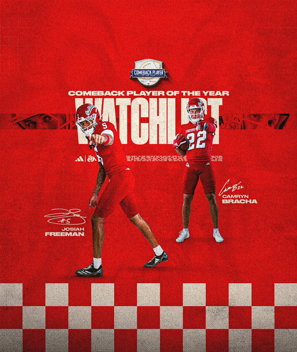 Fresno State Football (@fresnostatefb) on Twitter photo back in business 👀
<a href="/BrachaCamryn/">Camryn Bracha</a> & <a href="/josiahfreeman12/">Josiah Freeman 🧘🏾♂️</a> have been added to the Comeback Player of the Year watch list ‼️ back in business 👀
<a href="/BrachaCamryn/">Camryn Bracha</a> & <a href="/josiahfreeman12/">Josiah Freeman 🧘🏾♂️</a> have been added to the Comeback Player of the Year watch list ‼️