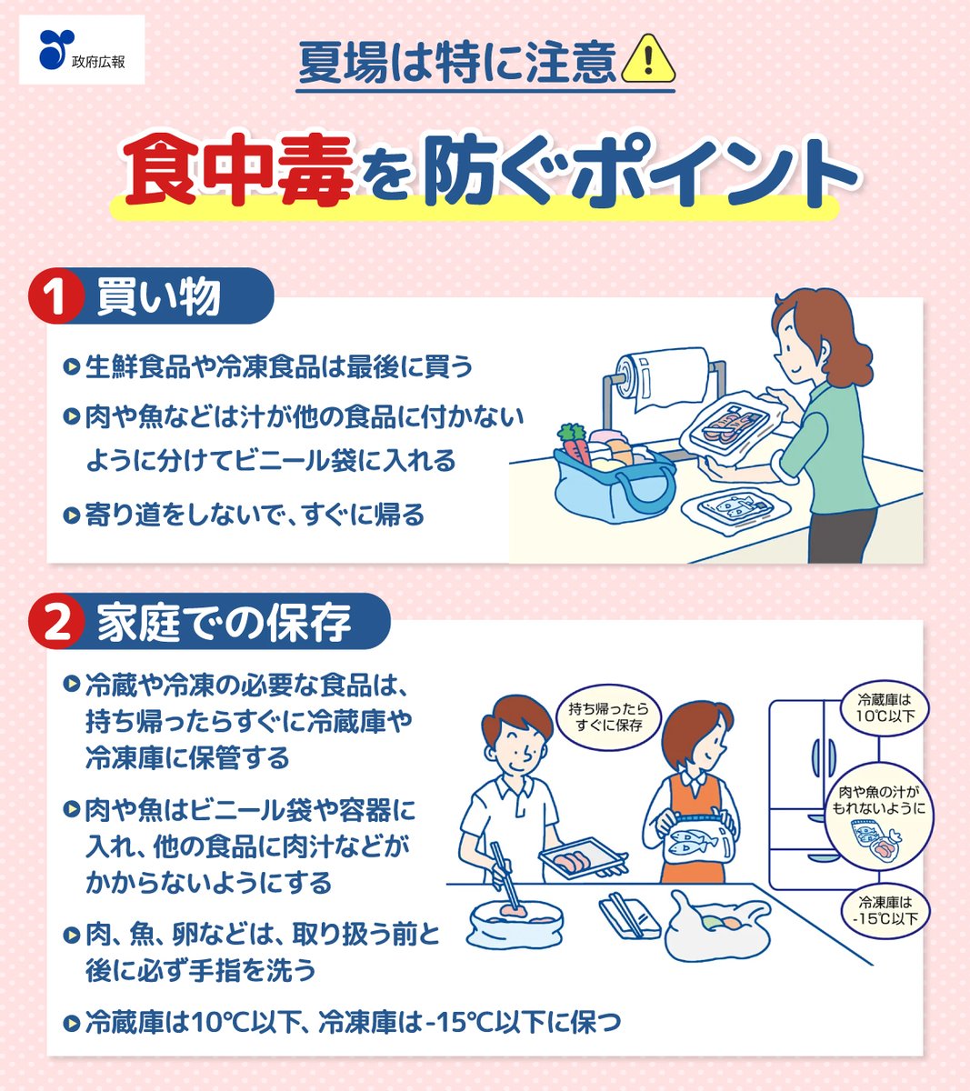 夏場の食中毒にご注意🥩🐟 ＼ 高温・多湿な夏場は、細菌が原因となる