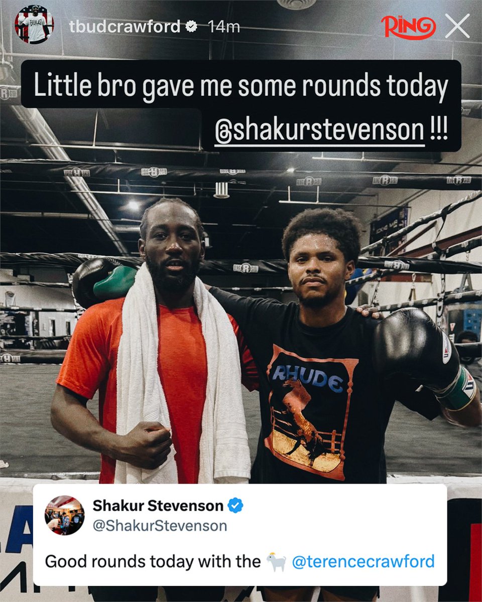 ringmagazine's tweet photo. Shakur Stevenson paid Terence Crawford a visit at his camp to spar 😤 

#CaneloCrawford live on Netflix l Sept 13th in Las Vegas 🥊 https://t.co/rdKEgzOpZF