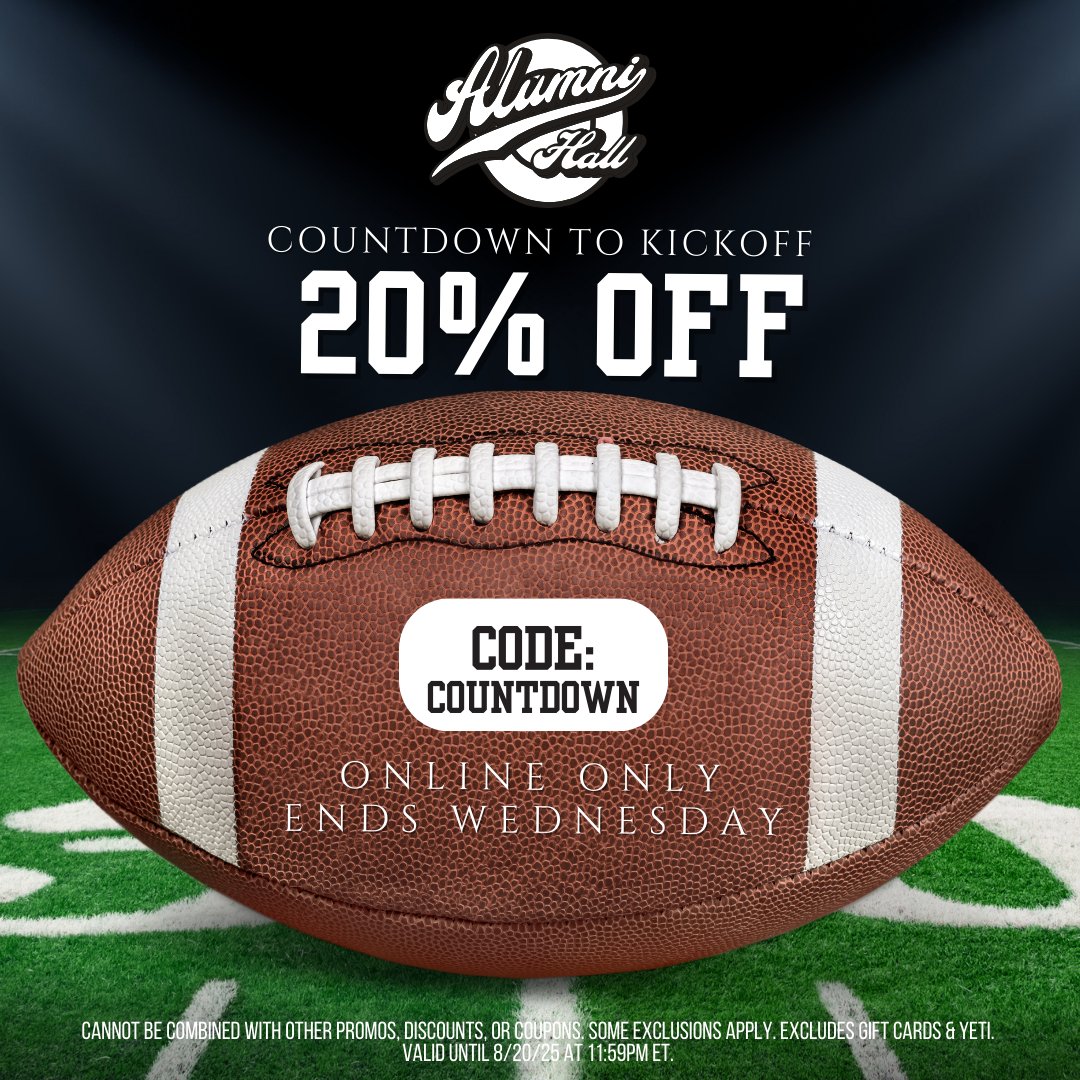 Gear up for kickoff with 20% off your online purchase! 🏈 Ends Wednesday at midnight.
alumnihall.com