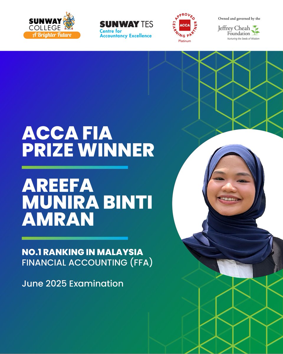 Big congratulations to Areefa Munira binti Amran for achieving #1 in Malaysia for the Financial Accounting (FFA) paper in the #ACCAFIA June 2025 examination!

Areefa shares that the lecturers at #SunwayTESCAE were very helpful, and she’s incredibly grateful for their guidance.
