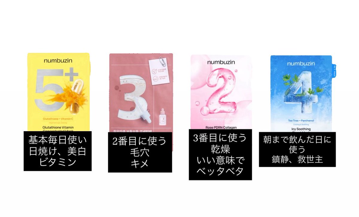 angel___1999's tweet photo. とうあ様が、業者くらい自腹で買い込んでる、
ナンバーズインのパックの、「とうあ流の使い分け」が、的確すぎて吹いたww
私もこの通りに使ってるww
5番はグルタチオン美容液もめっちゃくちゃ白くなるw https://t.co/rH71wXCyEk