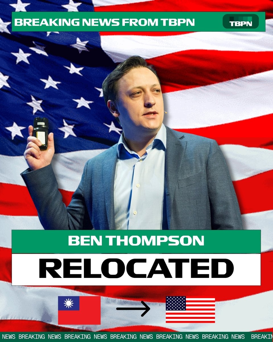 TBPN (@tbpn) on Twitter photo BREAKING: After 22 years in Taiwan, <a href="/benthompson/">Ben Thompson</a> has officially relocated to the United States. Welcome home, brother 🫡 BREAKING: After 22 years in Taiwan, <a href="/benthompson/">Ben Thompson</a> has officially relocated to the United States. Welcome home, brother 🫡