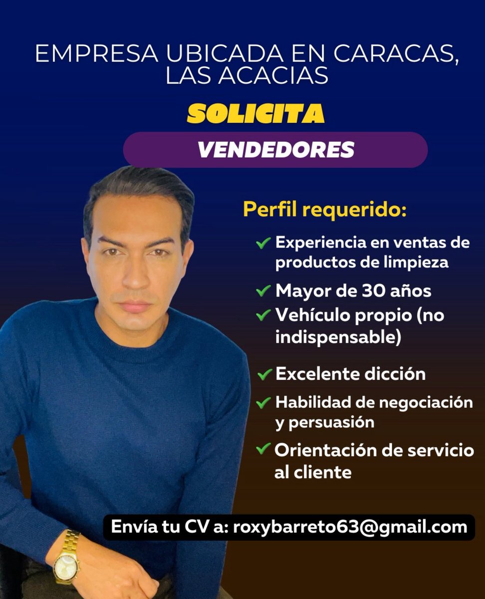 Oportunidad Laboral en #Caracas #LasAcacias

#Vendedores con experiencia en ventas de productos de limpieza 

Envía tu CV a: Roxybarreto63@gmail.com