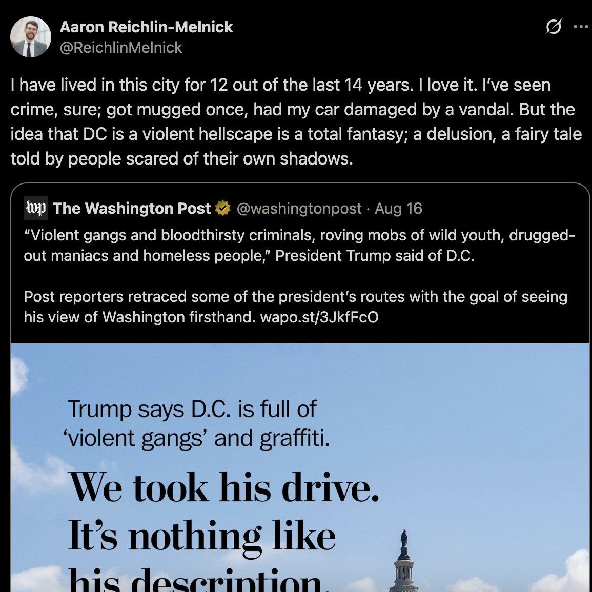 "I've lived in DC 12 years and have only had one violent crime and one property crime committed against me. DC is such a fun city!"

The delusions run deep in progressive circles.