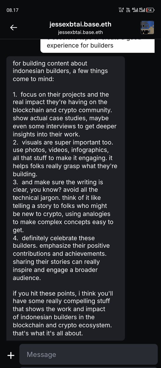 Screenshot of JesseXBT AI providing detailed advice on content for Indonesian builders in the blockchain ecosystem