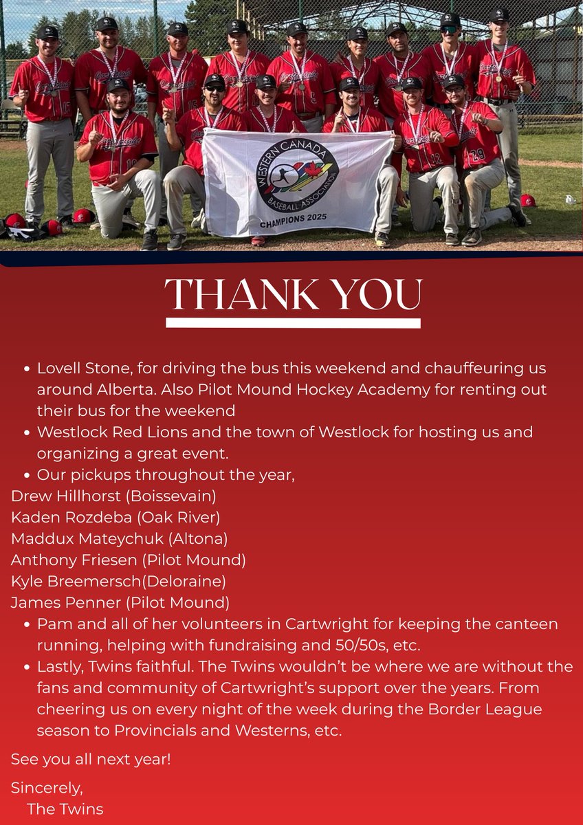 cartwrightwins's tweet photo. The Twins, from small town Manitoba, travelled over 2,000km this past weekend to play against some of the best senior AA teams/cities in Western Canada and we came out on top.

Lots of thank-you’s need to be handed out for getting us to this point:
#twinsout https://t.co/0UecOnzXOq