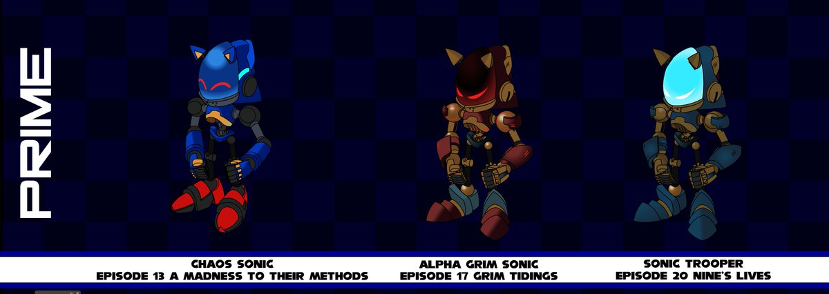 The Sonic robots of Sonic Prime.
The Alpha &amp; Trooper's builds have some slightly different parts to Chaos Sonic. I've always liked the red glow on Alpha's radiator(below the chest), makes it look like some sort of furnace.