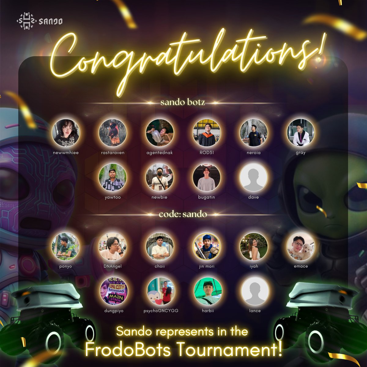 sandometaverse's tweet photo. 🏆 Big congrats to all Ka-Sando who joined the ET Fugi 2025 Tournament! 🎉

We’re so proud of your dedication in representing our guild. 🙌💙

This is just the beginning, let’s go again next tournament! 💪🔥

@YieldGuild  
@YGGFutureOfWork 
@frodobots 
@ET_Fugi https://t.co/5xojzgLyxV