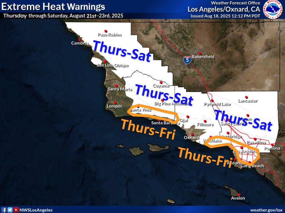 We’re looking at soaring temperatures and increased fire risk through the weekend. Please stay safe and take a moment to review the information and resources available to you. Here you can find some helpful details: gov.ca.gov/2025/08/19/wit…