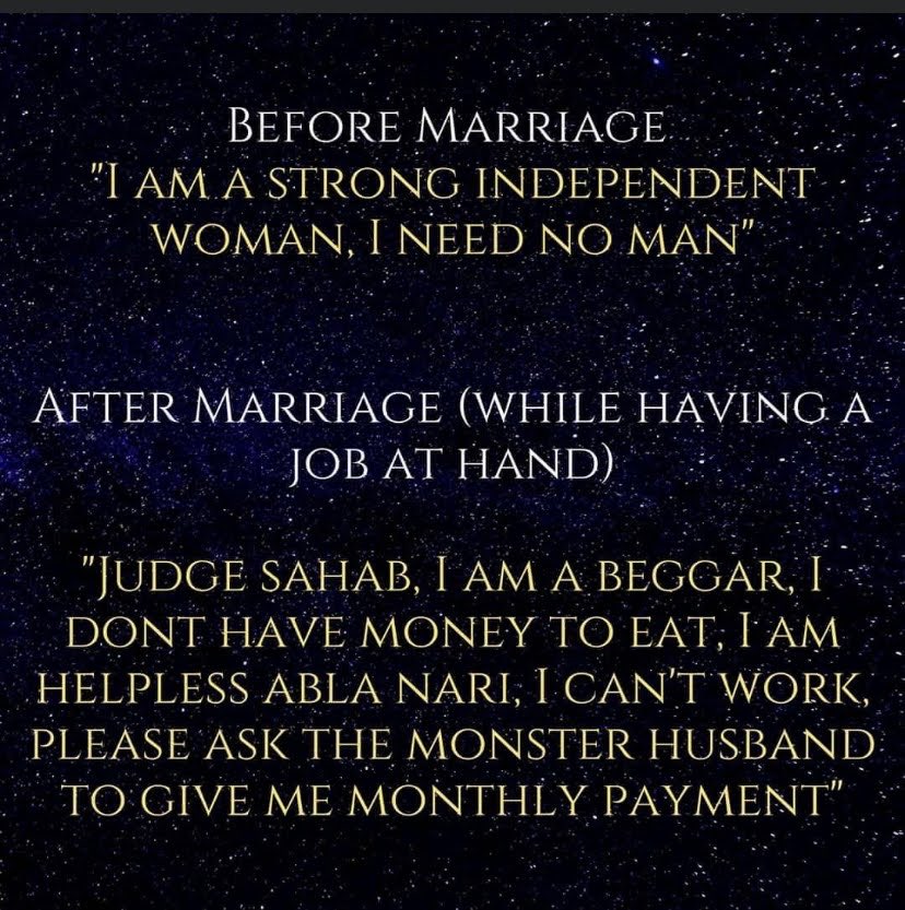 I am a Strong Independent Woman 💪
I fight patriarchy, I earn my own money, I don’t need a man…
But wait 🤔 — when marriage ends, suddenly I become ‘helpless’ &amp; need ALIMONY to survive. 🤪

Strong only on Instagram. Weak in Court.
#FeministLogic #AlimonyTruth