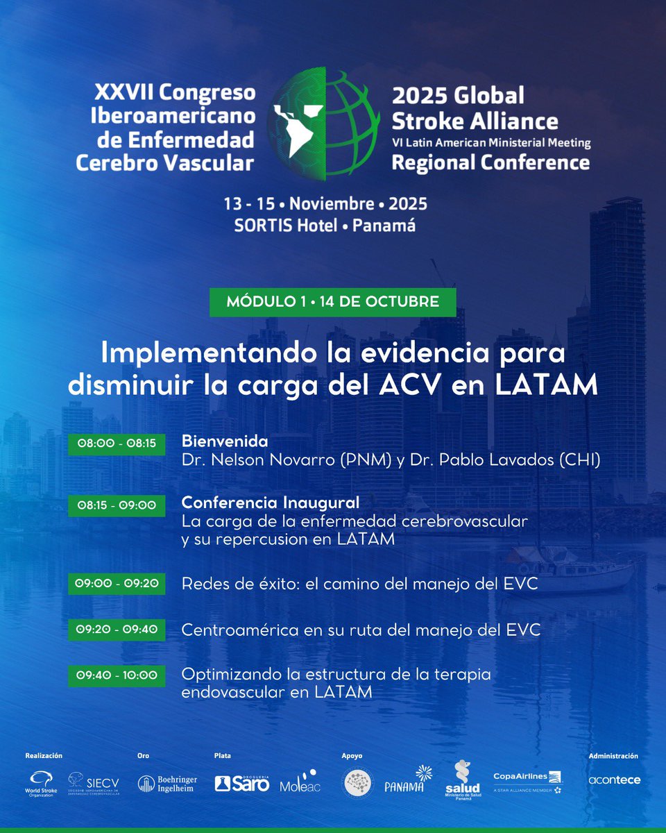 SIECV-IASO (@siecv_iaso) on Twitter photo En el XXVII Congreso Iberoamericano de Enfermedad Cerebrovascular y Global Stroke Alliance 2025, promoveremos el Módulo 1: Implementando la evidencia para disminuir la carga del ACV en LATAM.
📲 Consulta la programación completa e inscríbete en acvpanama.com En el XXVII Congreso Iberoamericano de Enfermedad Cerebrovascular y Global Stroke Alliance 2025, promoveremos el Módulo 1: Implementando la evidencia para disminuir la carga del ACV en LATAM.
📲 Consulta la programación completa e inscríbete en acvpanama.com
