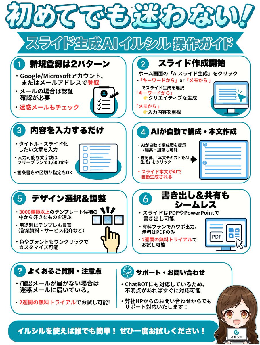🚀 初めてでも迷わない！スライド生成AI「イルシル」操作ガイド公開 🚀 「AIスライド生成」機能を使えば、驚くほど簡単にプロ級の資料が完成！✨  💡 イルシルの使い方を徹底解説！ 新規登録は2パターン: Google/Microsoftアカウント、またはメールアドレスで簡単登録 ...