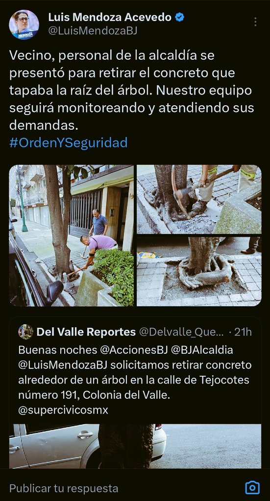Ursula Castillo (@ursulitacas) on Twitter photo Ahora sí que nos quedamos con las ganas de ver cómo <a href="/HugoTorresCDMX/">Hugo Torres Zumaya</a> se iba a poner a trabajar.... Pero lástima, las autoridades de la alcaldía le ganaron, ya no pudo colgarse la medalla.
Una prueba más de que tenemos una alcaldía que si está al pendiente de las denuncias! Ahora sí que nos quedamos con las ganas de ver cómo <a href="/HugoTorresCDMX/">Hugo Torres Zumaya</a> se iba a poner a trabajar.... Pero lástima, las autoridades de la alcaldía le ganaron, ya no pudo colgarse la medalla.
Una prueba más de que tenemos una alcaldía que si está al pendiente de las denuncias!