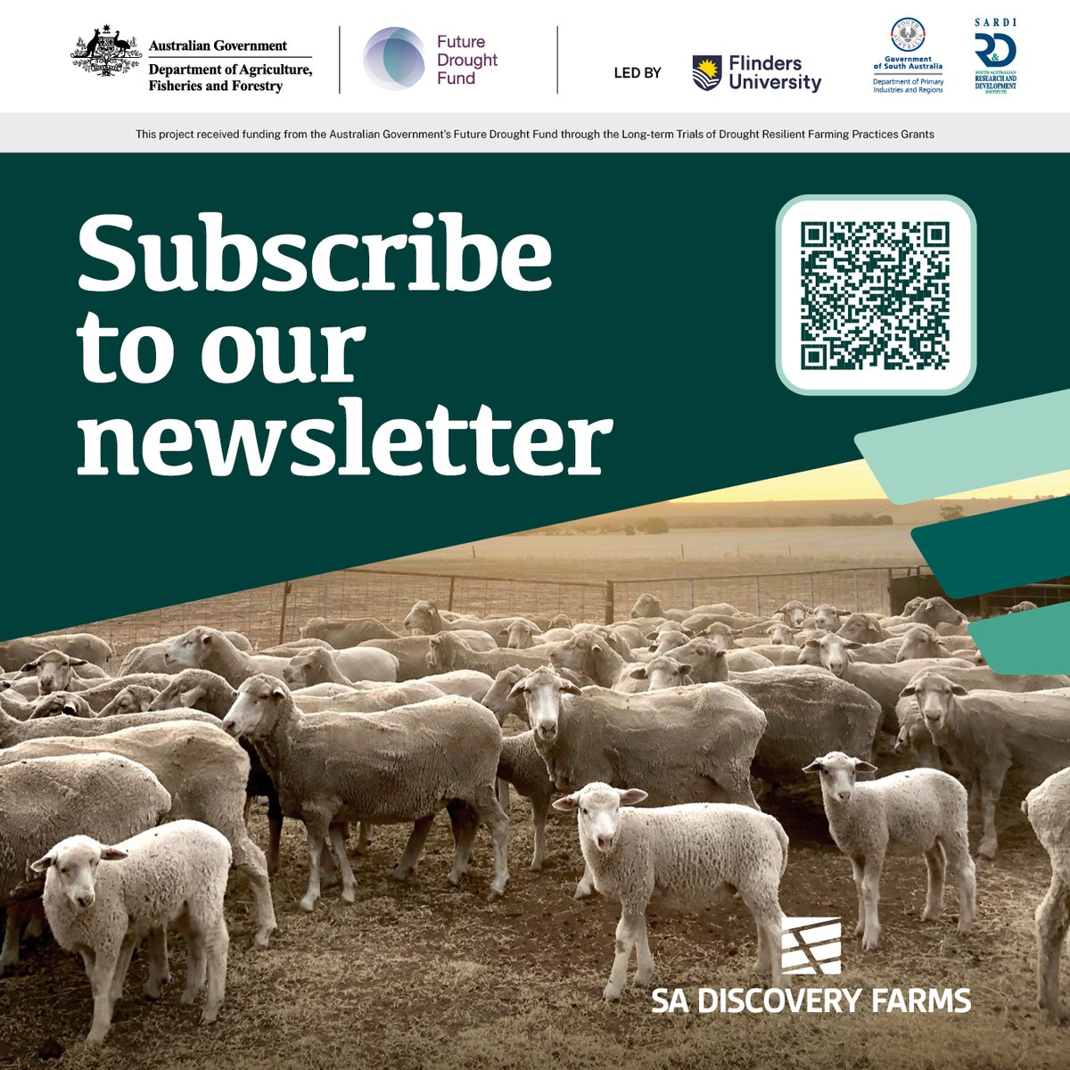 Stay connected with the latest <a href="/SADiscoveryFarm/">SA Discovery Farms</a> activities.  Subscribe to our newsletter to get updates direct to your inbox. Scan the QR code below or email us at PIRSA.SADiscoveryFarms@sa.gov.au. 
#Futuredroughfund <a href="/FlindersUniNews/">Flinders University Newsroom</a> <a href="/SA_PIRSA/">PIRSA</a>
