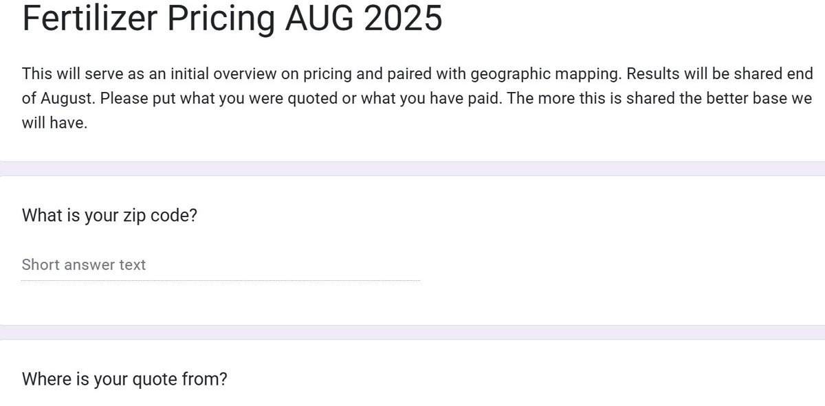 Let's map fertilizer pricing. Fill this out and share far and wide. Anonymously submit your zip code and quotes and I will make a map of farmer input. 
forms.gle/kNYA8DuQcku1SL…
I will publish in 10 days, so get quotes and answer!