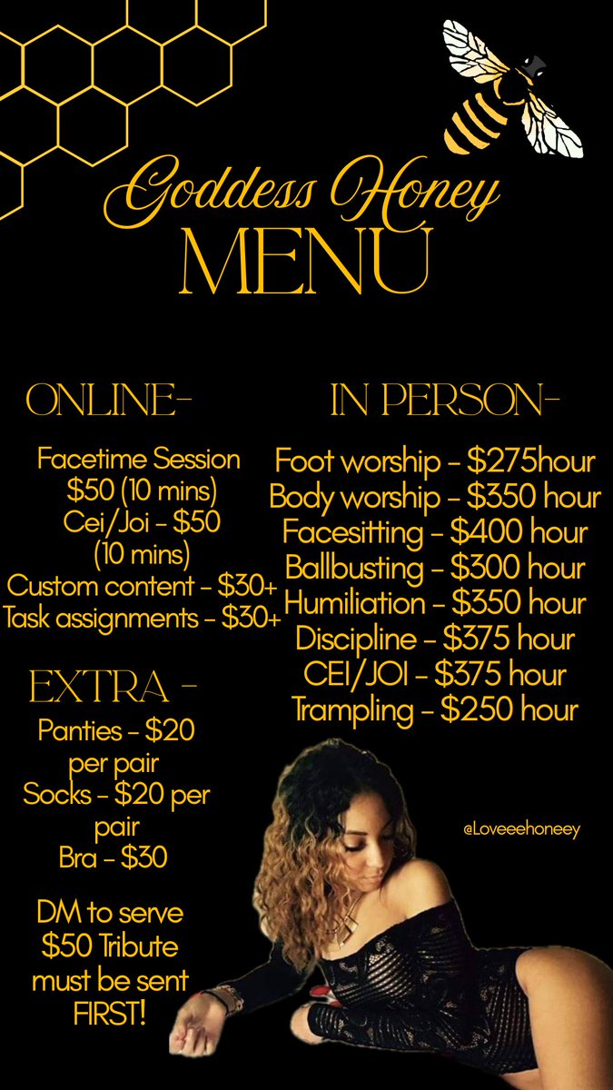 Loveeehoneey's tweet photo. Menu 🍯
is not negotiable! ❌ 
DM must always come with tribute FIRST ✅ 

in person sessions will always have a light screening before ! 🐝 

findom lasvegas Sacramento paypig humanatm cash cow pegging humiliation wedgie trampling joi cei doubledomme content https://t.co/Z3rV3TewsT