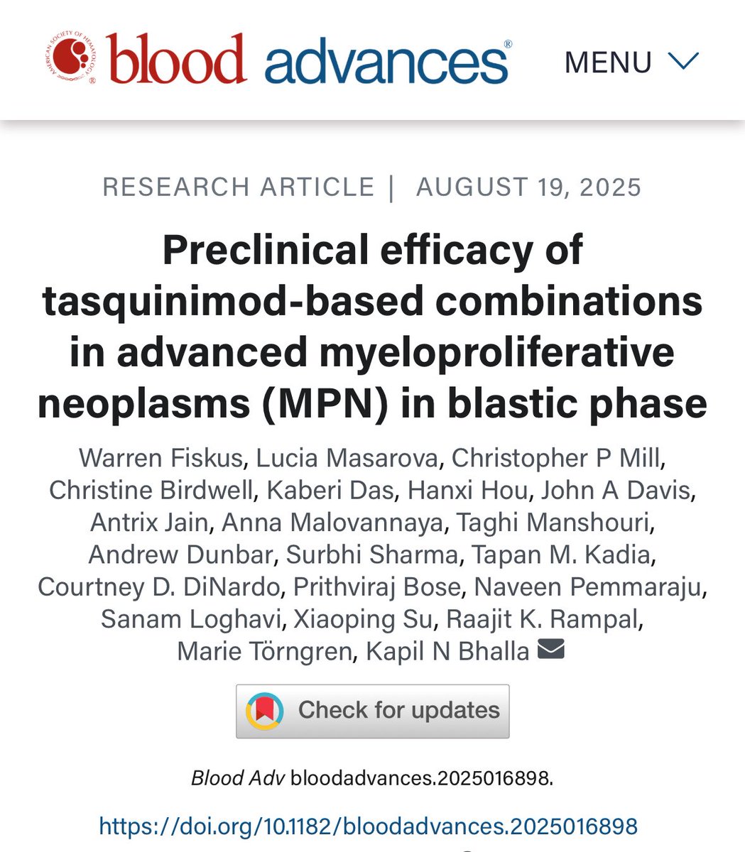 Naveen Pemmaraju, MD (@doctorpemm) on Twitter photo 👉👉👉Delighted to share our group’s new work just out in <a href="/BloodAdvances/">Blood Advances</a> | Preclinical work in #Tasquinomod in advanced MPN setting #MPNSM #leusm
<a href="/MDmasarova/">Lucia Masarova, MD</a> <a href="/JAK2TheFuture/">Andrew Dunbar</a> <a href="/doctorpemm/">Naveen Pemmaraju, MD</a> <a href="/bose_prithviraj/">Prithviraj Bose</a> <a href="/TapKadia/">Tapan Kadia</a> <a href="/RaajitRampal/">Raajit Rampal, M.D.Ph.D.</a> <a href="/sanamloghavi/">Sanam Loghavi, MD صنم لغوی 🔬🧬</a>
ashpublications.org/bloodadvances/… <a href="/MpncoD/">MPNCo&D Congress</a> 👉👉👉Delighted to share our group’s new work just out in <a href="/BloodAdvances/">Blood Advances</a> | Preclinical work in #Tasquinomod in advanced MPN setting #MPNSM #leusm
<a href="/MDmasarova/">Lucia Masarova, MD</a> <a href="/JAK2TheFuture/">Andrew Dunbar</a> <a href="/doctorpemm/">Naveen Pemmaraju, MD</a> <a href="/bose_prithviraj/">Prithviraj Bose</a> <a href="/TapKadia/">Tapan Kadia</a> <a href="/RaajitRampal/">Raajit Rampal, M.D.Ph.D.</a> <a href="/sanamloghavi/">Sanam Loghavi, MD صنم لغوی 🔬🧬</a>
ashpublications.org/bloodadvances/… <a href="/MpncoD/">MPNCo&D Congress</a>