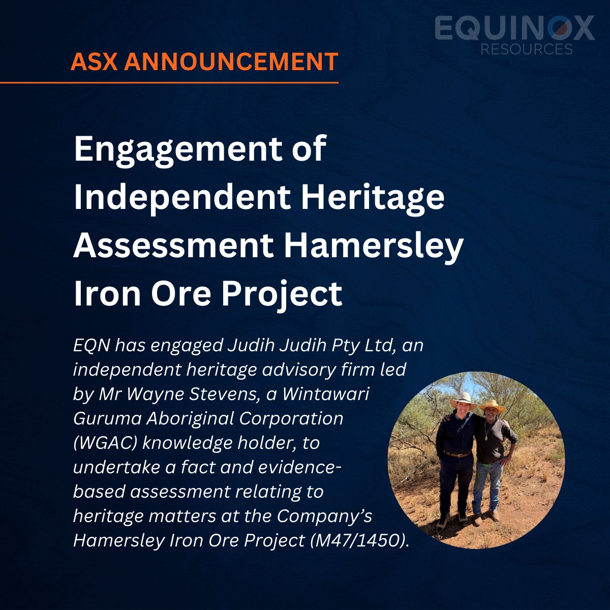 EminenceMins's tweet photo. 📍Independent heritage work underway at Hamersley. $EQN has engaged Judih Judih Pty Ltd &amp; WGAC’s Wayne Stevens to ensure cultural records are preserved with integrity. 
Focus on respect. Facts first. Path to progress. 
🔗https://t.co/OxrF5hbsSn https://t.co/qPsrcuY0X7