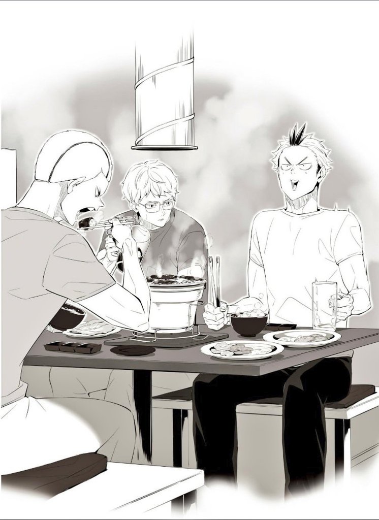 TsukkiEveryday's tweet photo. Sendai Frogs hanging out, eating kbbq and drinking beer (oolong tea for Kei) while talking about Olympics in 2025, I adore you 🥹💚🐸

Kogane invited himself and Kyoutani to watch it together in Tsukki's house instead.

I repeat in Tsukki's house!! so he has his own house now? 🥹 https://t.co/fFO9wgCzAr