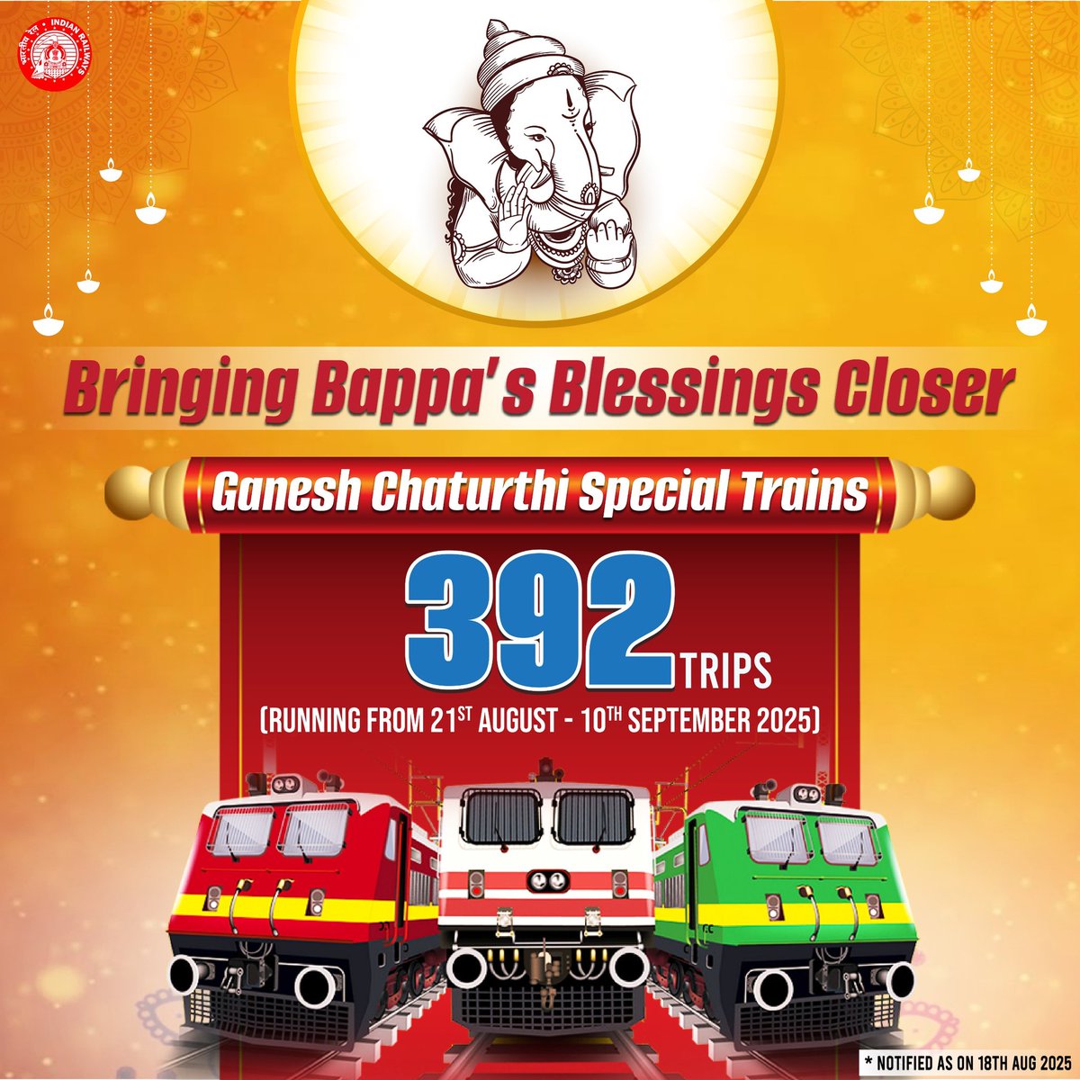 RailMinIndia's tweet photo. For the convenience of passengers during Ganesh Chaturthi, Indian Railways has announced 392 train trips. https://t.co/M33vCYE8J7