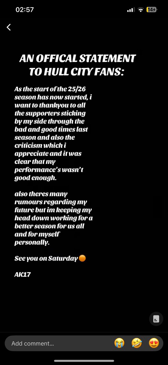 abu shouldn’t you been sleeping mate 

nonetheless a very mature statement of him to acknowledge his performances last season weren’t the best and hopefully he can have a even better season
 #hcafc