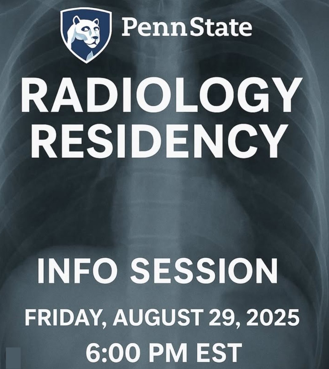 PSUrad's tweet photo. 🚨Calling all future radiologists #RadRes🚨

Interested in Penn State Radiology Residency?🩻

Come meet us at our 2nd virtual info session #Match2026!

🗓️ Friday, August 29, 2025
🕗 6:00 PM EST

Register here:
https://t.co/A6Gvkz9gWk

Password: 259668

@TheNRMP 
@Inside_TheMatch https://t.co/F1932jZmtT