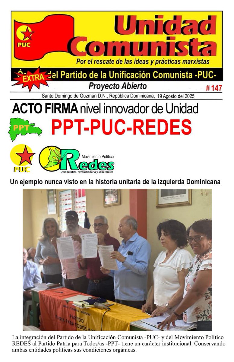 Saludamos la integración de los/as compañeros/as del Partido del Partido la Unificación Comunista (PUC) y del Movimiento Político REDES al Partido Patria Para Todos y Todas (PPT).

#PUC #REDES #PPT
