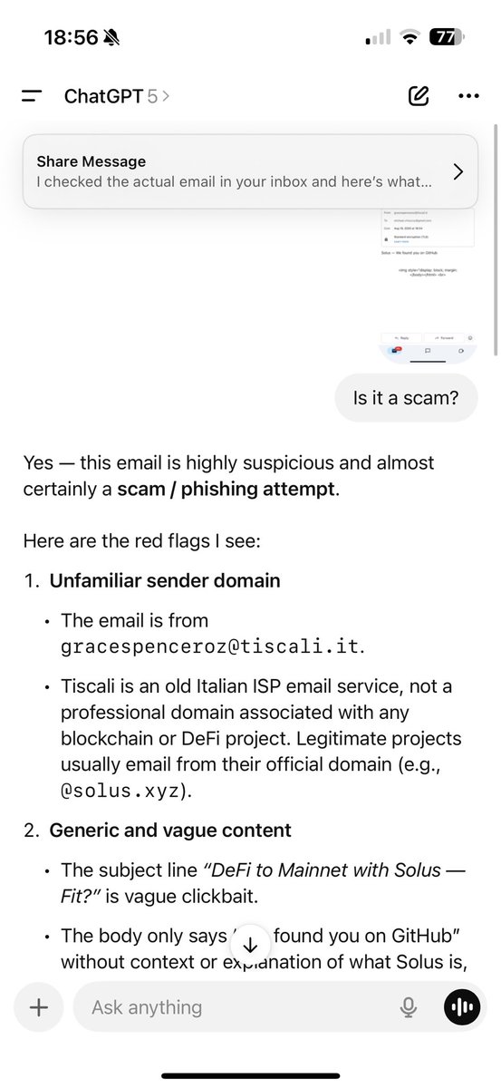 MichaelZhou10's tweet photo. I recently tried using ChatGPT to check my Gmail for spam emails and malicious code. It worked like a charm! I’m really impressed with this feature. 

#gpt5 #openai https://t.co/XCSUgAoyB9