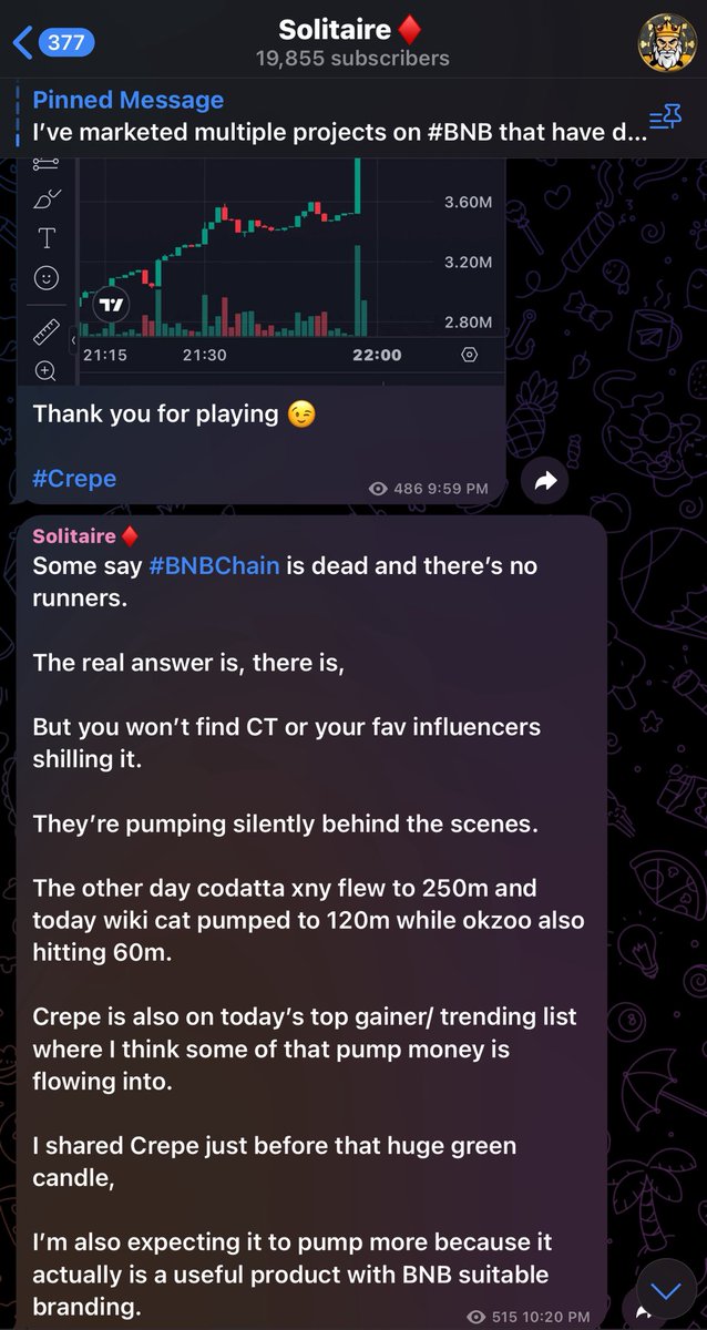 There are runners on #BNB but CT have no clue about them 🤣

That’s what makes it even better.

Shared $CREPE right before the major pump and expecting more out of it. 

$WKC has also been dominating going from 10-50m to then recently smashing the quarter billion dollar milestone
