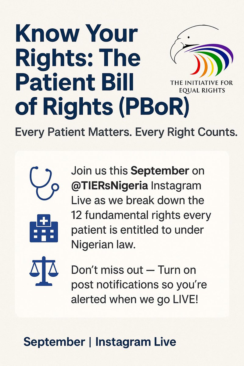 _sentharo's tweet photo. Do You Know Your Rights as a Patient?

In September, join @TIERsNigeria on Instagram, as they go live to break down the Patient Bill of Rights (PBoR) — 12 essential rights every patient in Nigeria is entitled to. https://t.co/GpbaNgt2Jj