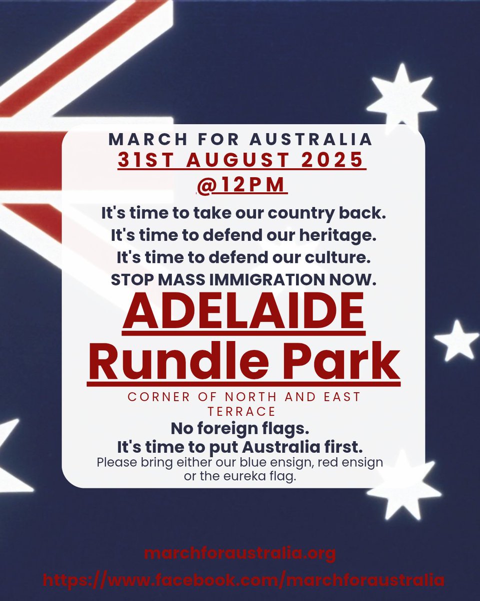 BecFreedom's tweet photo. We've finally got Adelaide locked in, let's get this shared around. I'll do another post in a few days with all the locations at once. Just waiting on Canberra.
#MarchForAustralia #AussiePride #saveandshare #AustraliaFirst
Up to date information can be found at @marchforaus and https://t.co/tkpqd19hG9