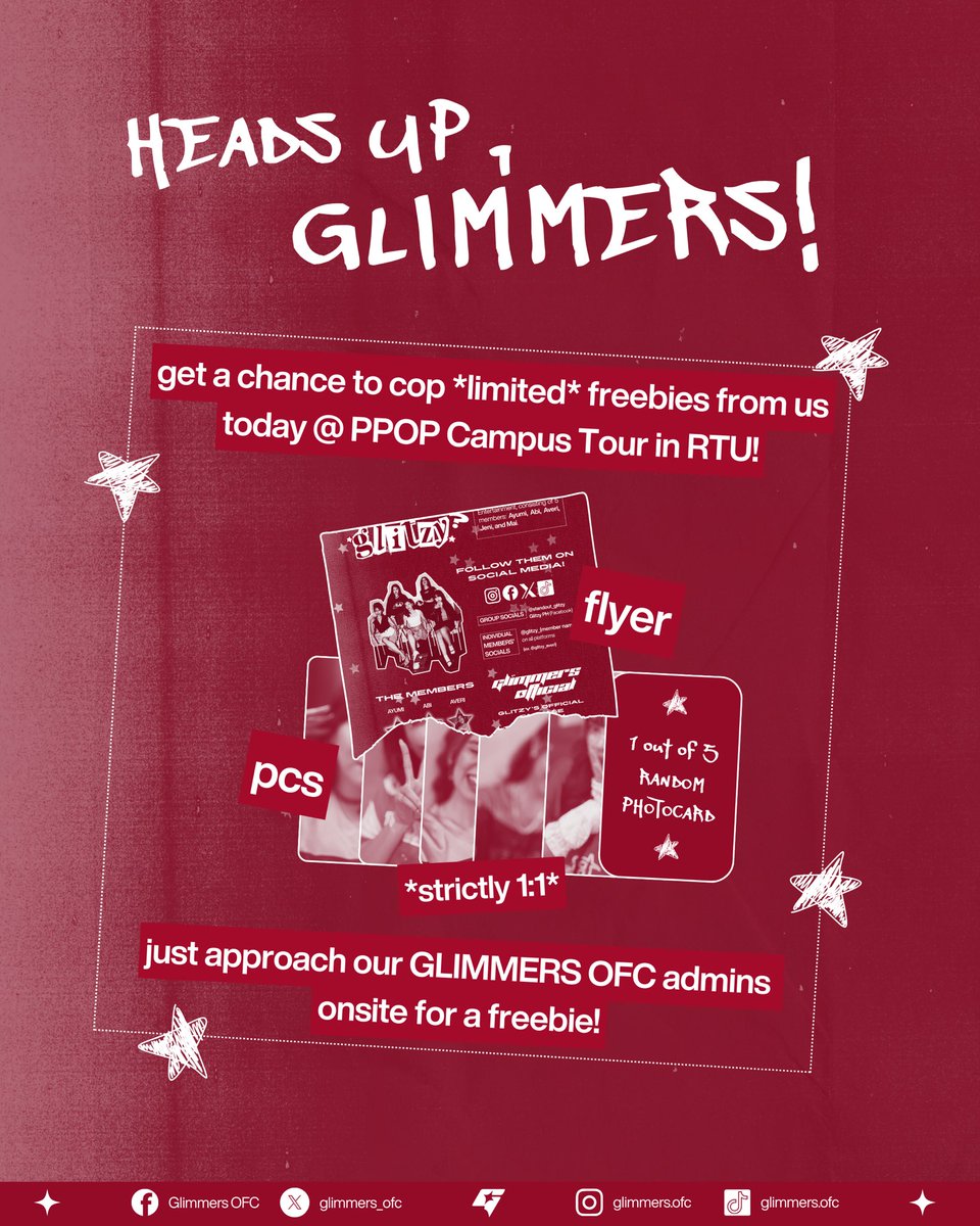 glimmers_ofc's tweet photo. Glimmers, we're finally seeing @standout_glitzy again later at RTU Mandaluyong for PPOP Campus Tour ❤️✨ At dahil diyan, may pa-(limited) freebies kami sa inyo!

RTU GETS GLITZY
#GLITZY #PPOP
#PPOPCampusTour
@standout_glitzy https://t.co/Un1XCh9dNe